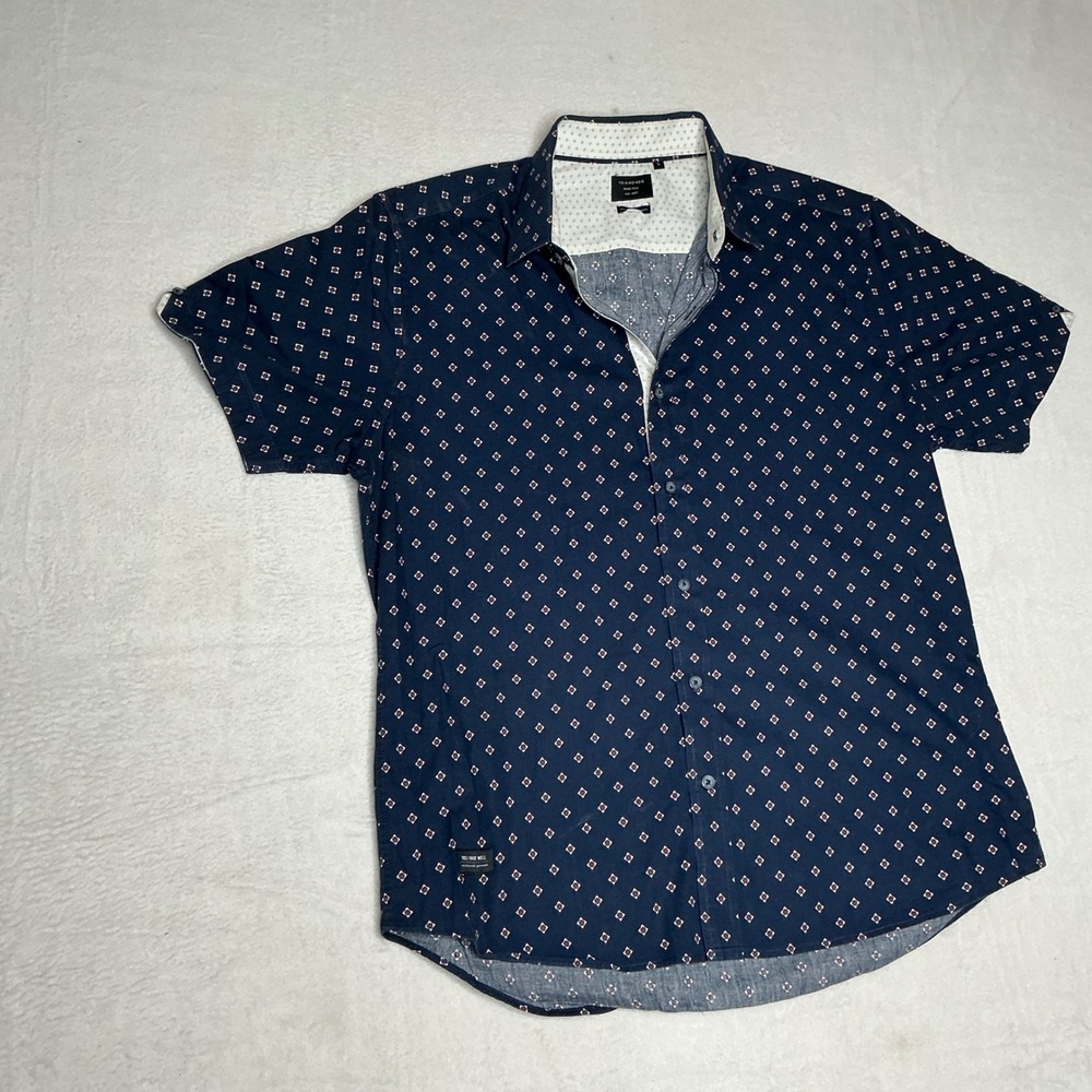 7Diamonds Mens Navy Geometric Print Short Sleeve Button Down Shirt Size L‎